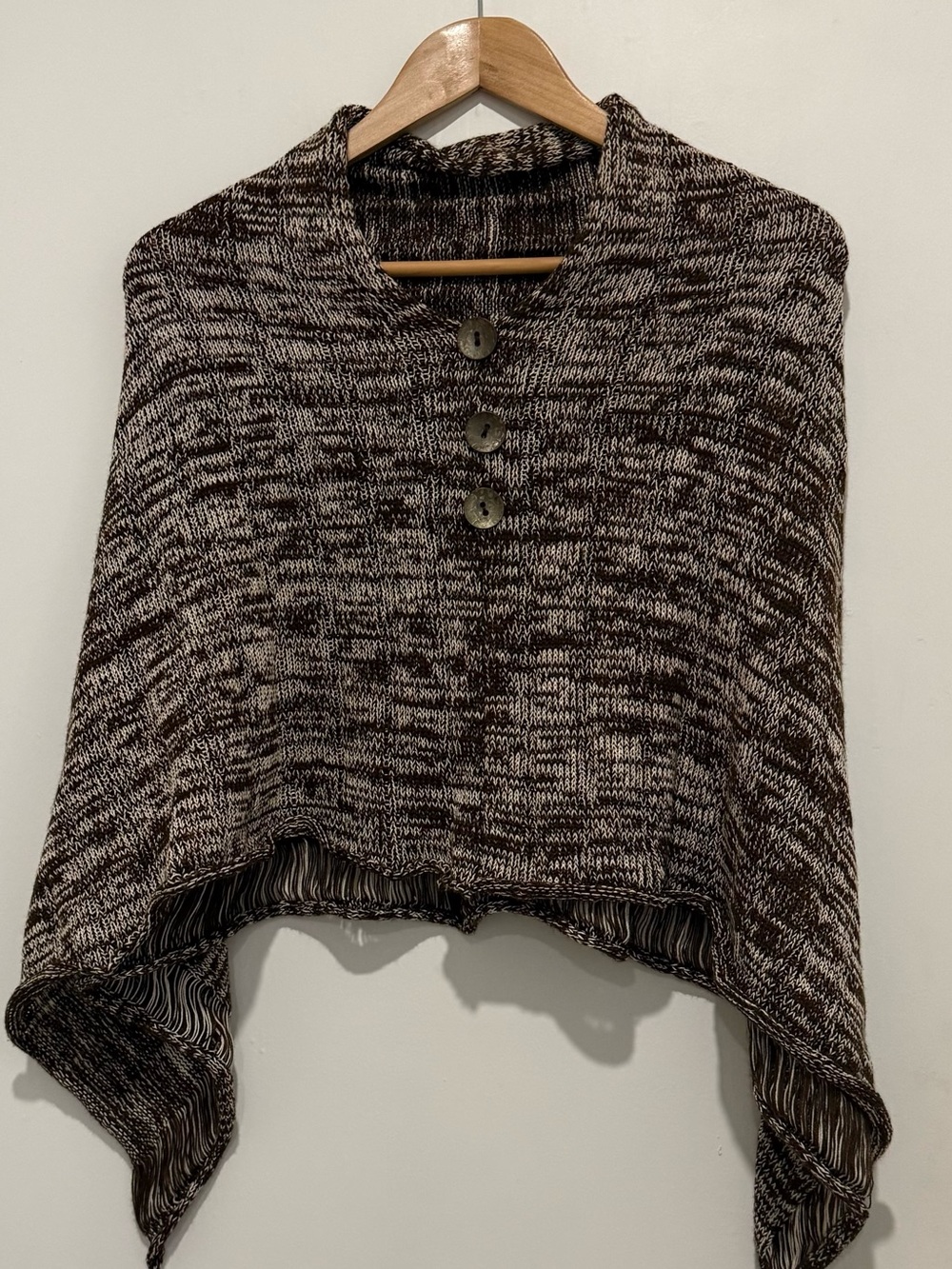 Boho Brown Marled Cream Knit Poncho Button Front Cape